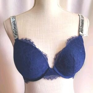 Victoria's Secret Navy Blue Lace Push Up Bra 34DD Sparkle‎ Logo Straps New Sexy